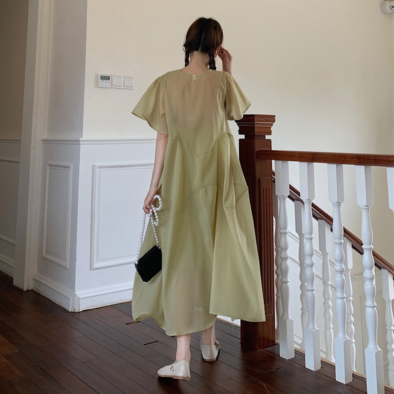大码女装胖妹妹法式气质圆领单排扣宽松显瘦蝙蝠袖连衣裙两件套装