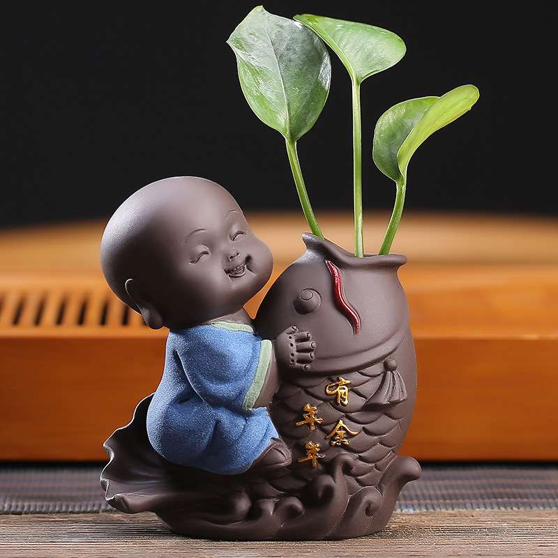 可爱小和尚花器茶宠摆件精品可养紫砂茶台茶具配件小水培花瓶锦鲤