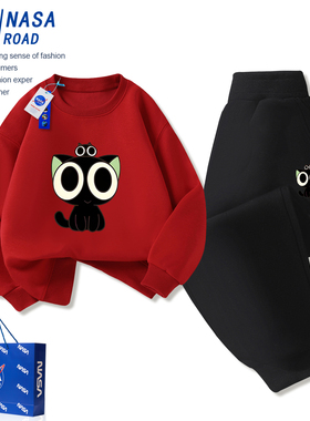 NASA联名罗小黑儿童红色卫衣套装2026款男女童加绒马年本命年衣服