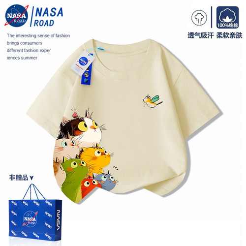 NASA女童短袖T恤儿童小猫上衣