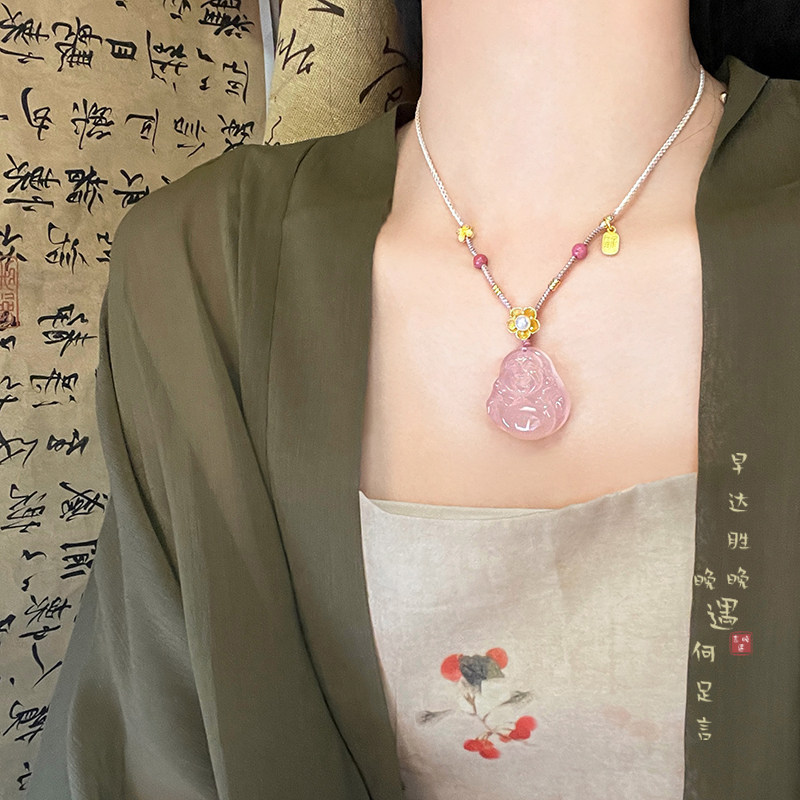 速发粉色玉髓天然石佛公吊坠编绳项链女2024新款新中式古风禅意配