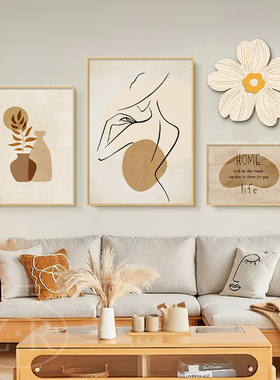 速发日式原木风客厅装面画级感奶油风简画挂约现沙发背景墙饰壁画