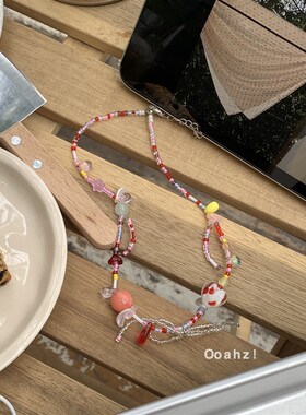 速发草莓泡泡双层纽扣爱心项链 甜酷嘻哈锁骨链蝴蝶结颈链卫