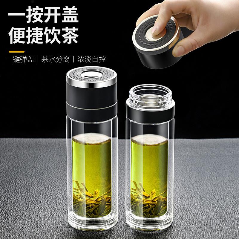 速发202新载速开杯玻璃透明一键开盖式双层商务杯可携杯车款水杯