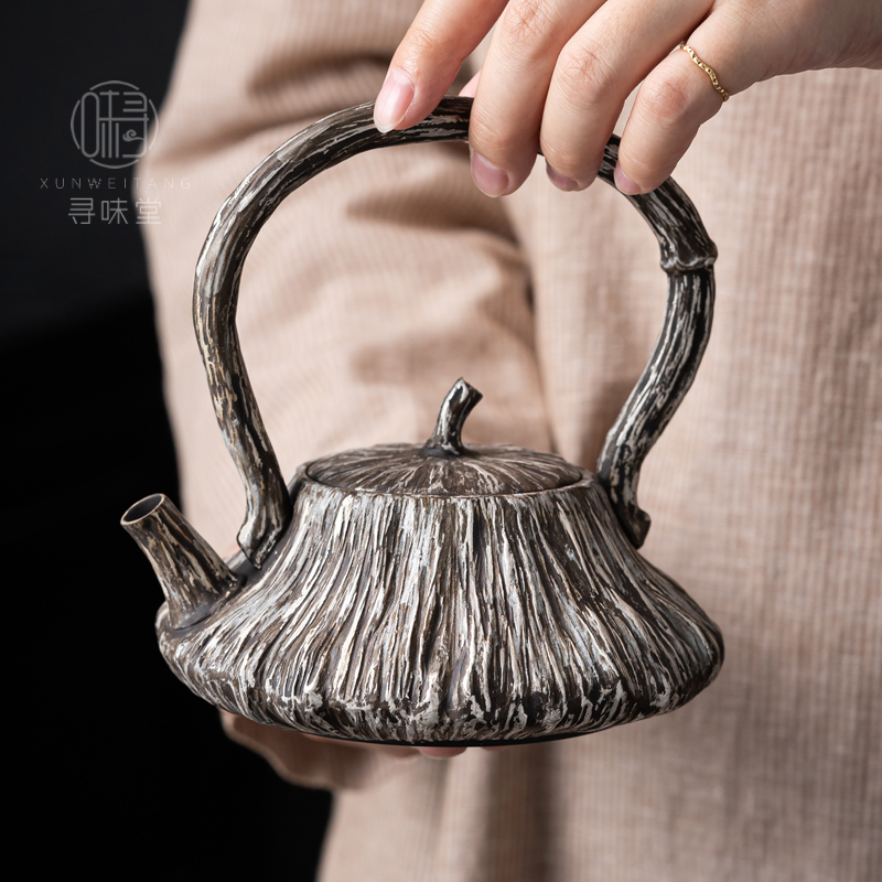 速发务灰手工粗陶茶炉提梁壶复古养生壶茶具烧水壶侘寂风围炉煮