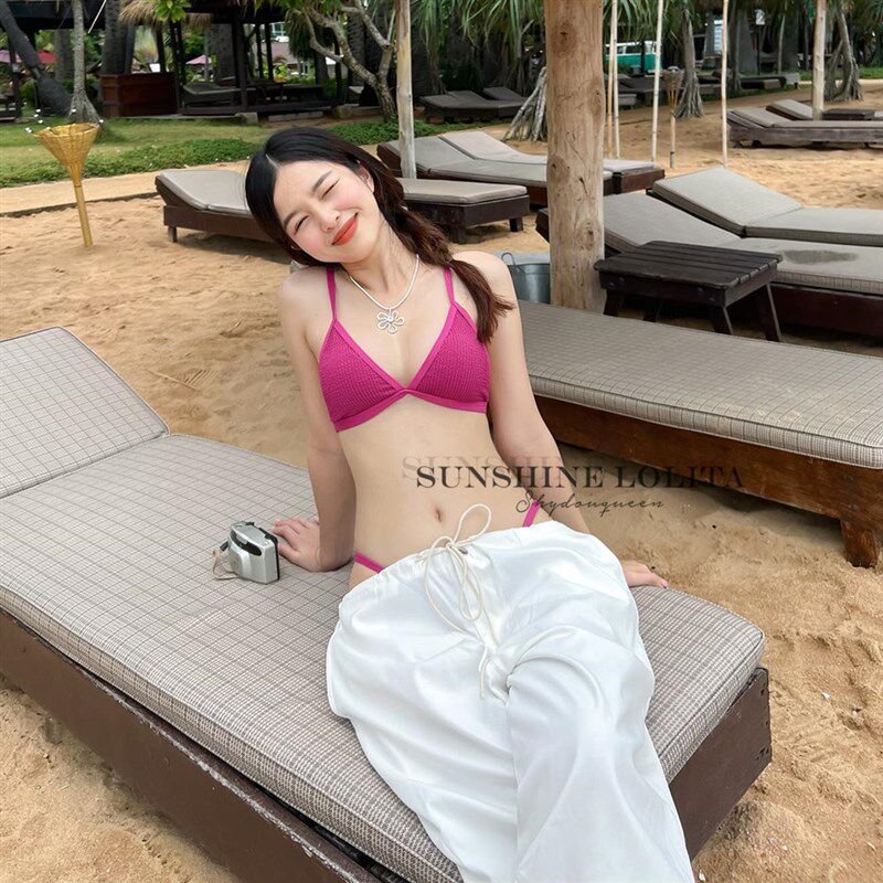 速发博主同款玫红色褶皱三角比基尼沙滩度假性感海边三点式泳装显