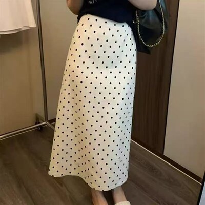 miu系波点半身裙女2025新款秋冬大码胖mm高腰毛呢包臀西装中长裙