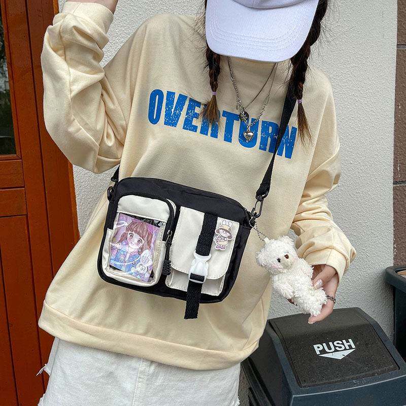 韩版ins可爱斜挎包包少女心学生撞色肩包小清新甜美通勤帆布包