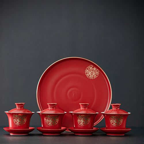 快速发货改口敬茶杯结婚敬茶套装一对喜茶P杯婚礼红色茶具盖碗