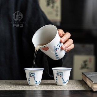 治愈系分茶杯萌趣茶海匀杯家用X陶瓷功夫茶具 白瓷手绘猫咪公道杯