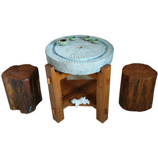 老石器旧石磨f茶台老式家用老石磨碾盘木架流水茶桌庭院复古石磨