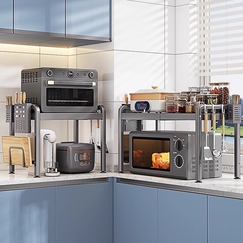 枪灰微波炉置物架厨房p烤箱架子台面多功能家用电饭煲可伸缩收纳