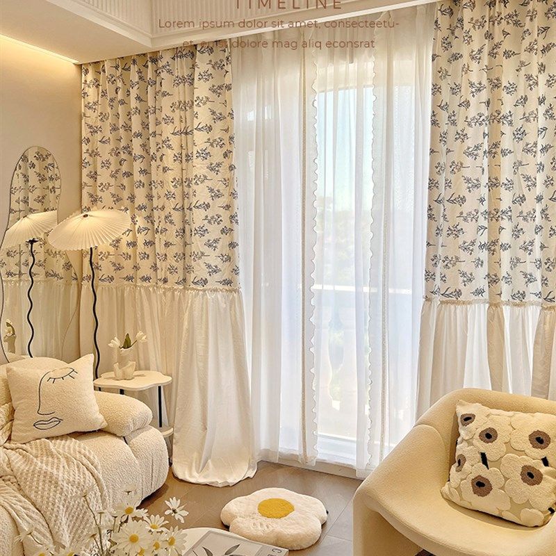 素锦自制 法式清新ins风客厅卧室书房棉K麻半遮光蕾丝裙摆窗帘白,居家布艺,定制窗帘,淘宝优惠券,粉丝福利购,淘宝优惠卷