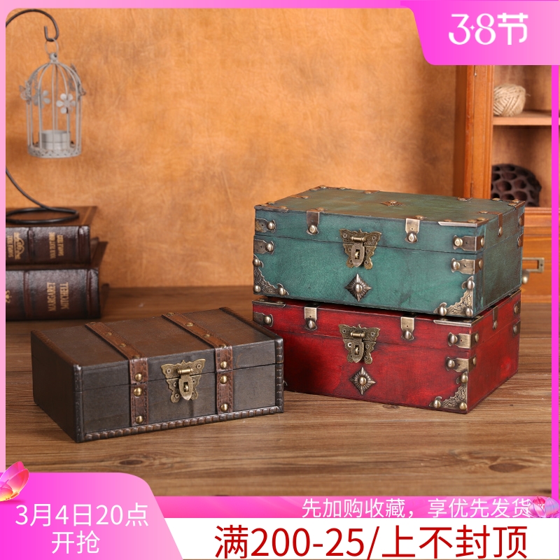 复古带锁小木箱收纳盒桌面证件杂物储物盒密码盒儿童百.宝箱木盒