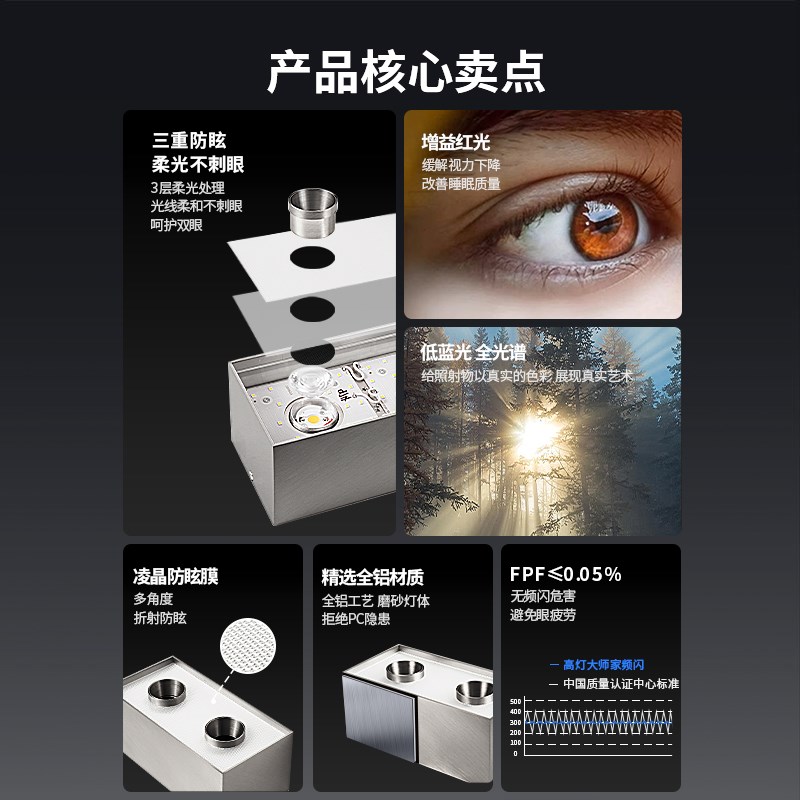 双头护眼筒灯射灯超薄明装筒灯筒射一体银色不诱钢色吸顶灯卧室