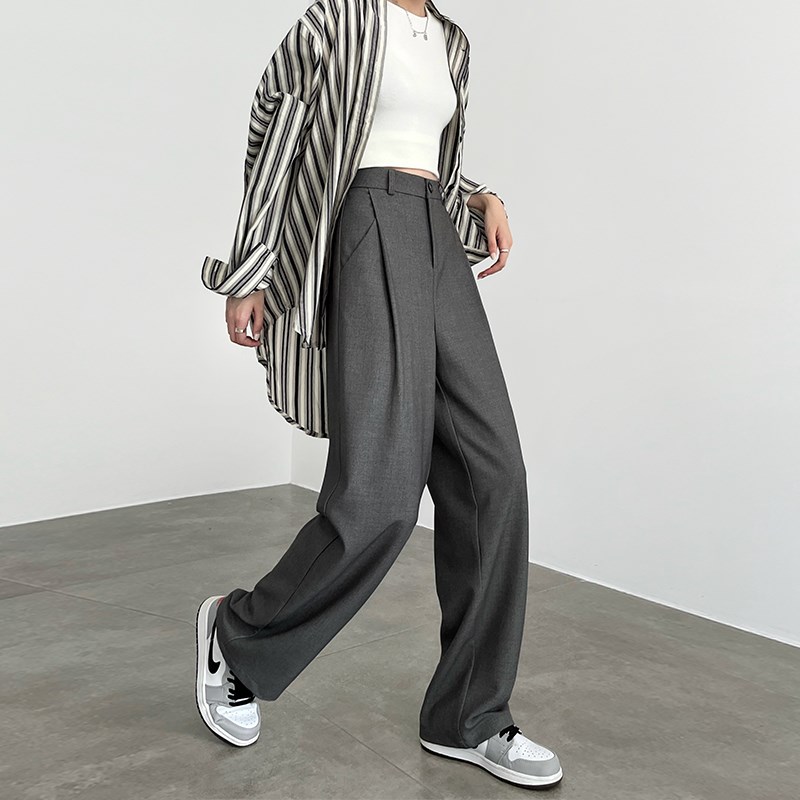 羊毛灰色裤子女秋冬2024新款高腰窄版休闲高端毛呢直筒西装阔腿裤