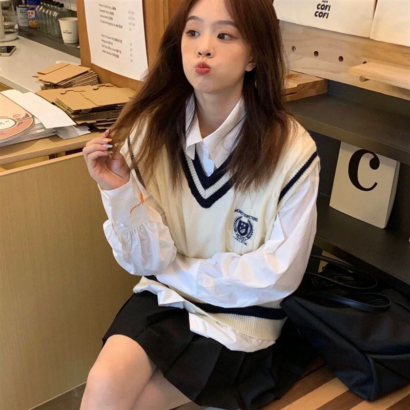 三件套装/单件学院风马甲背心盐甜针织毛衣女学生上衣衬衫+百褶裙