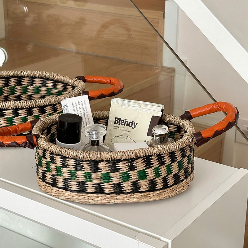 复古海草编d织收纳筐桌面茶几零食收纳盒藤编杂物化妆品收纳篮家