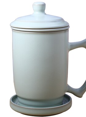 汝窑茶杯带盖过滤个人杯大容x量办公室陶瓷杯子泡茶四件套家用茶