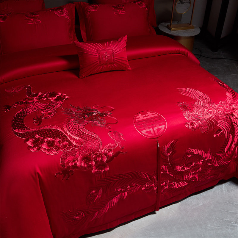 高级感龙凤e中式全棉刺绣四件套纯棉婚房出嫁红色床盖喜庆结婚床