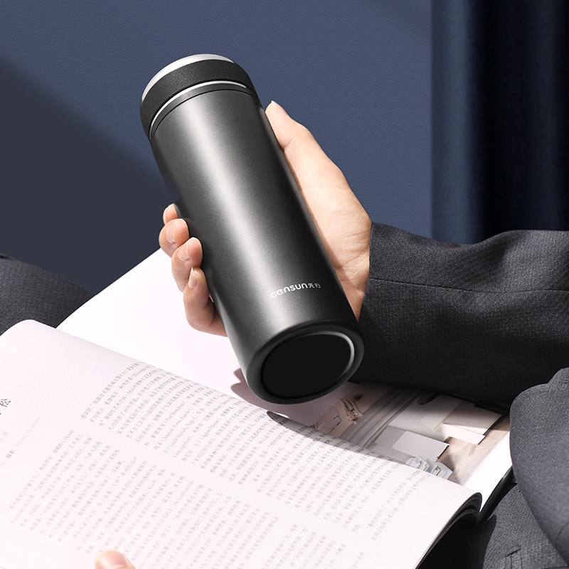 先行商务保温杯办公水杯316不锈钢黑色男士把手茶滤泡茶杯.450毫