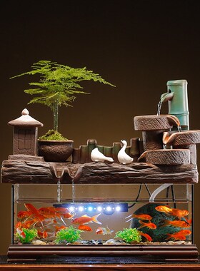 流水摆件中式玻璃鱼缸造景自循环喷泉客厅L家居办公室开业乔迁礼