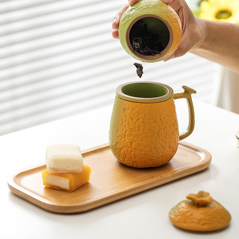 创意陶瓷带盖马克杯办p公室茶水分离茶杯过滤水杯橘子杯子泡茶杯