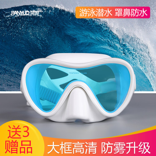 浮潜面镜近视潜水镜大框防雾防呛水泳镜护鼻一R体自由游泳眼镜装