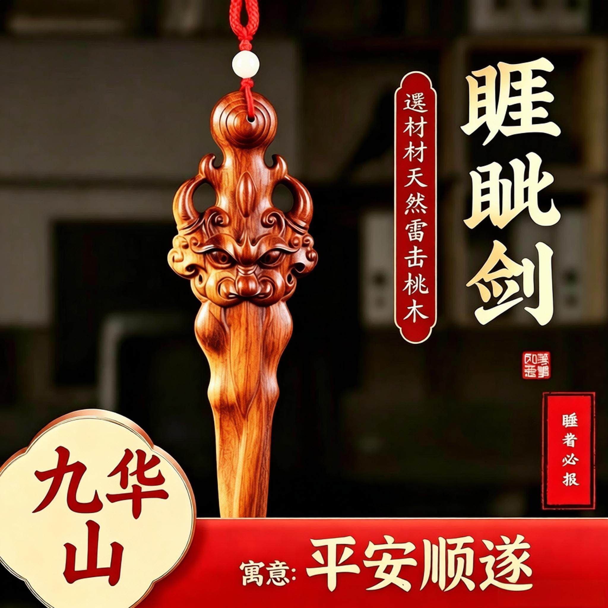 九华山祝福雷击桃木吊坠睚眦剑平安护身符平安儿童婴儿卧室挂饰件