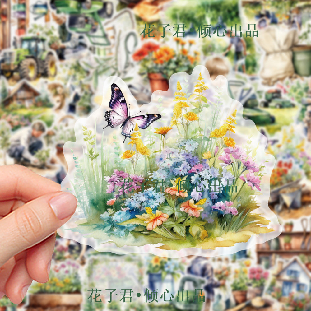 50张庄园绿植花卉透明pet材质贴纸ins风小清新精美装饰手账贴画