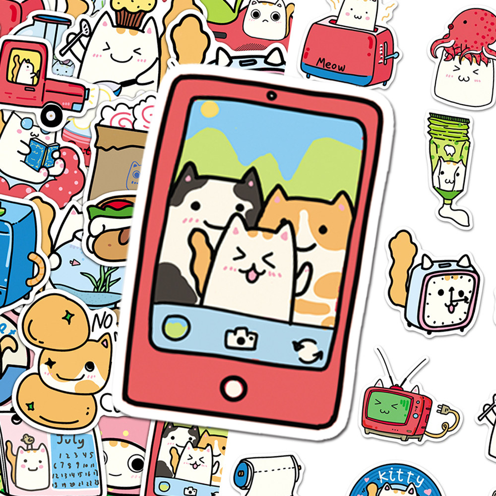 100张原创盐系萌宠贴纸小清新可爱猫猫卡通ins风贴画装饰防水自粘