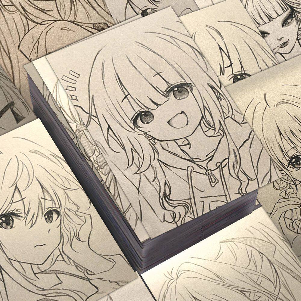 108张手绘线稿漫画美少女线稿氛围感贴纸防水贴纸简笔画素描学习