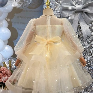 女童连衣裙夏装2024新款高级感生日礼服裙洋气女孩长袖网纱蛋糕裙