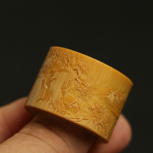 老玉竹精工纯手工留青浅浮雕山水文人扳指竹雕把件把玩竹器工艺品