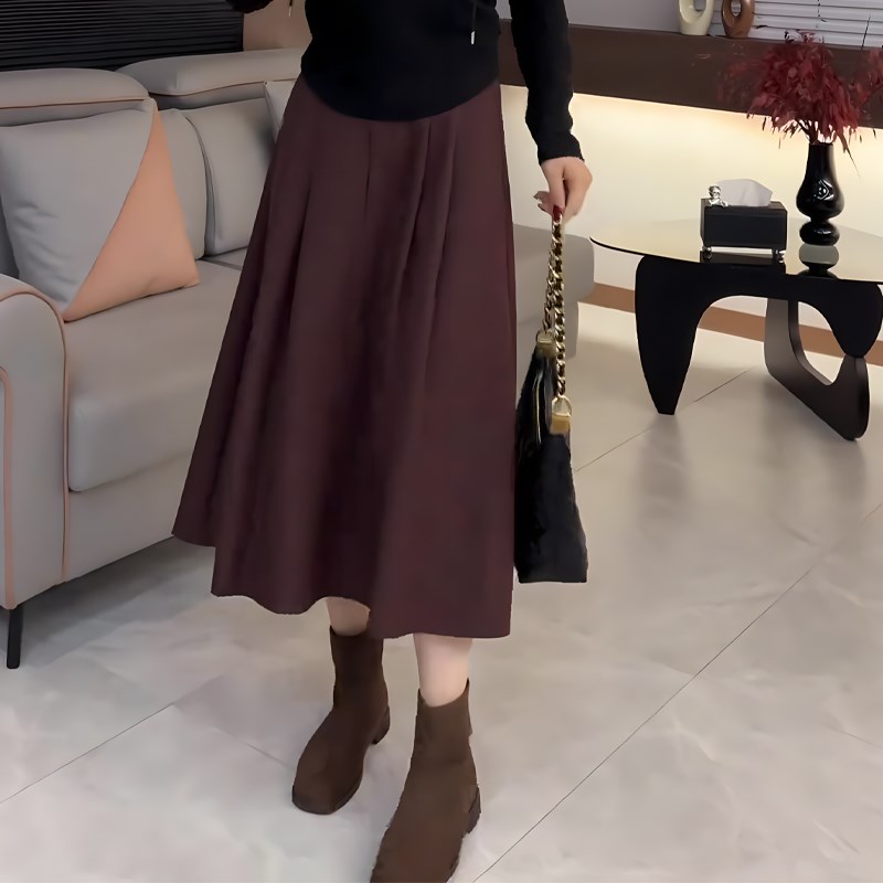 酒红色大码长款半身裙女2024年秋冬新款高腰遮胯显瘦简约A字伞裙
