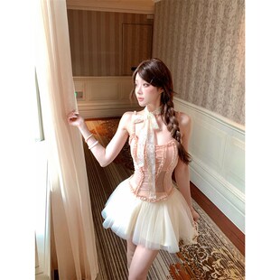 甜梨呆呆  胡桃夹子 高级小众不撞款套装夏季粉色吊带+网纱半裙女