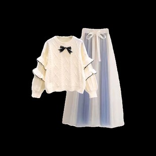 女童套装秋冬装2023新款过年冬天裙子中大童半身裙设计感蓝色毛衣