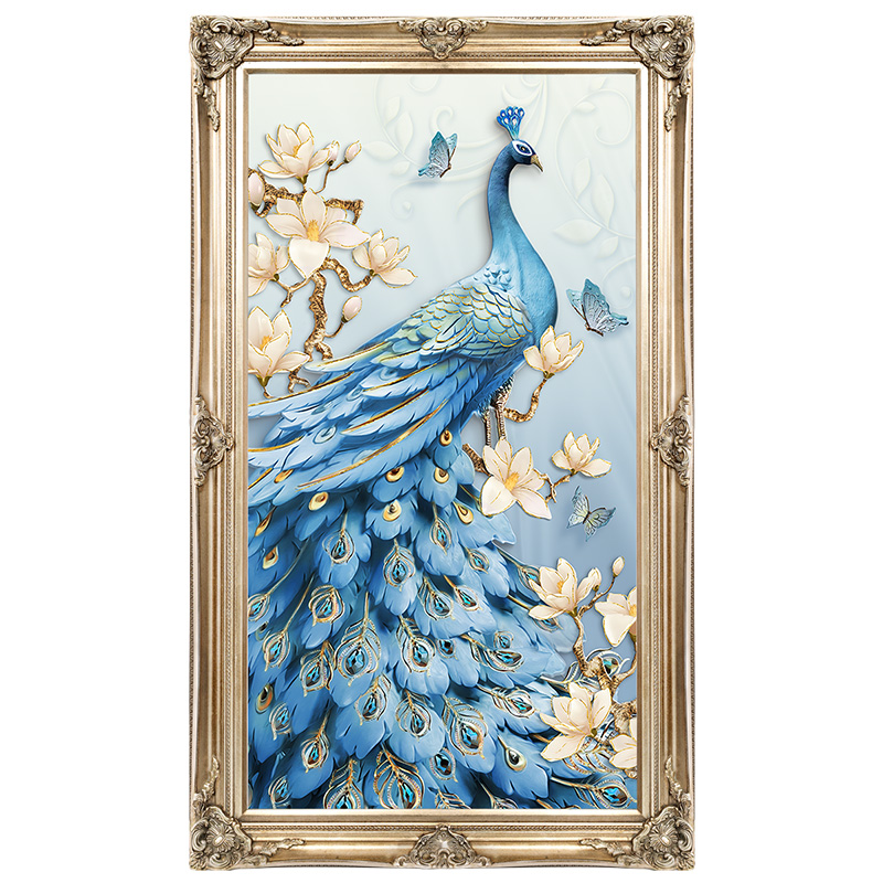手绘玄关油画欧式装饰画美式艺术挂画入户客厅过道壁画吉祥蓝孔雀图片