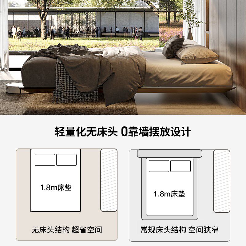 碳素钢悬浮床意式极简主卧室2024年新款无床头悬浮床铁艺床零甲醛