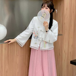 大码女春装流苏盘扣汉元素衬衫亮片半身裙两件套女国风汉服连衣裙