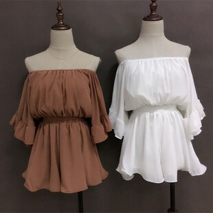 度假款 休闲裤 旅拍上镜一字肩网红 一字领荷叶边雪纺连体裤 2021新款