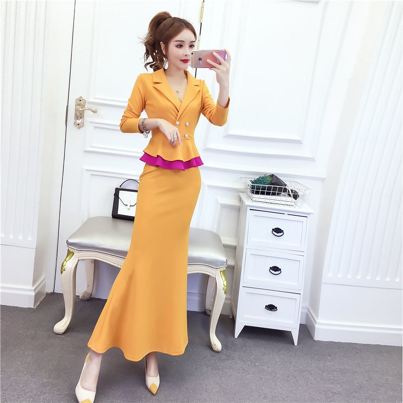礼服长裙女秋冬新款时尚淑女气质长袖修身显瘦包臀红色鱼尾连衣裙