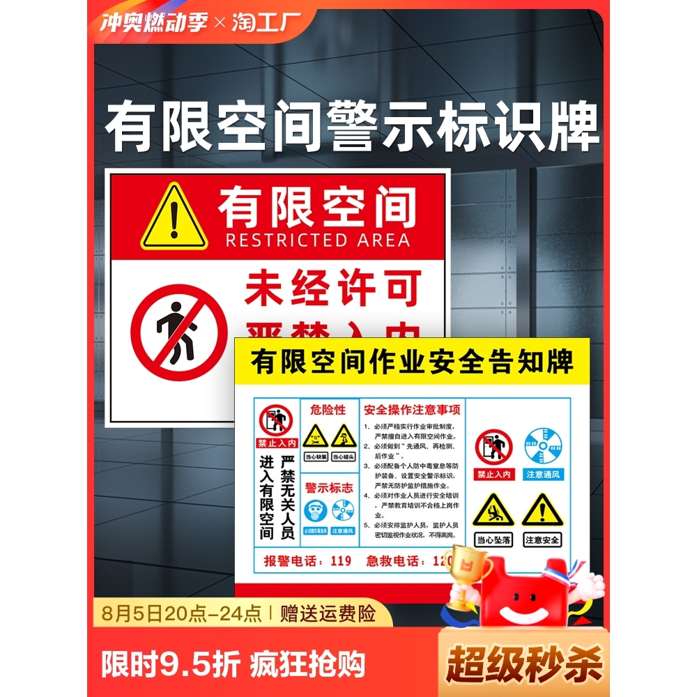 有限空间警示标识牌安全告知牌作业标志标识锅炉知卡警示牌贴纸提