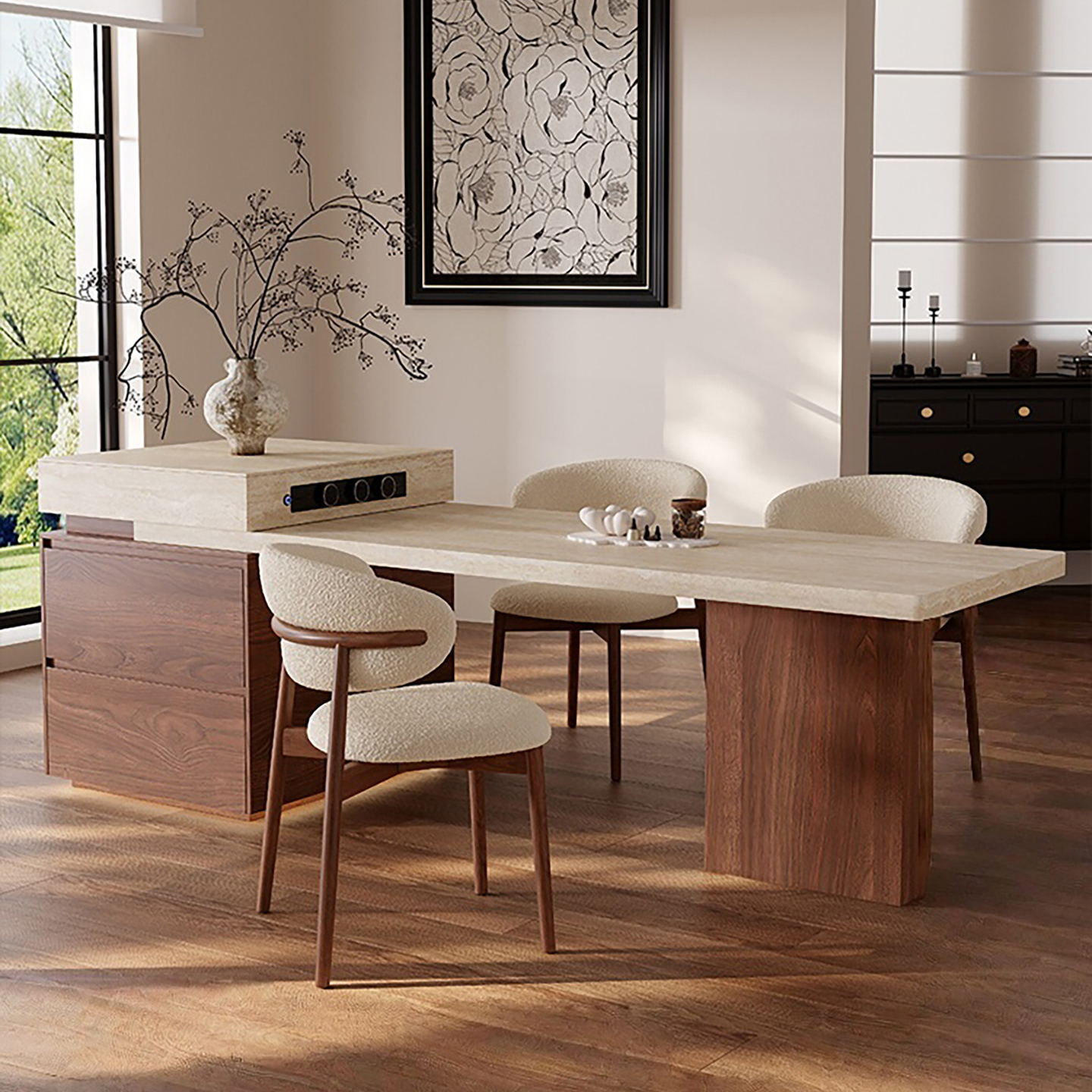 下挂岩板岛台餐桌一体可伸缩