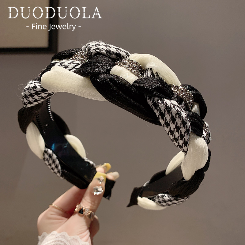 千鸟格发箍女高颅顶显脸小头箍宽边头饰水钻齿轮黑白麻花发捆女