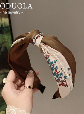 法式碎花打结发箍显脸小头饰高颅顶棕色复古缎面打结宽边头箍夏季