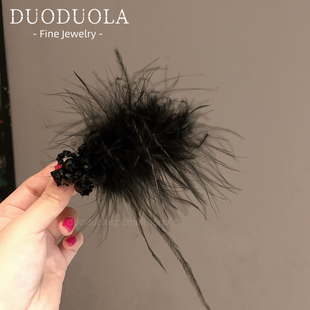 法式复古水晶黑色羽毛发夹鸭嘴夹精致甜美百搭发卡侧边刘海夹女