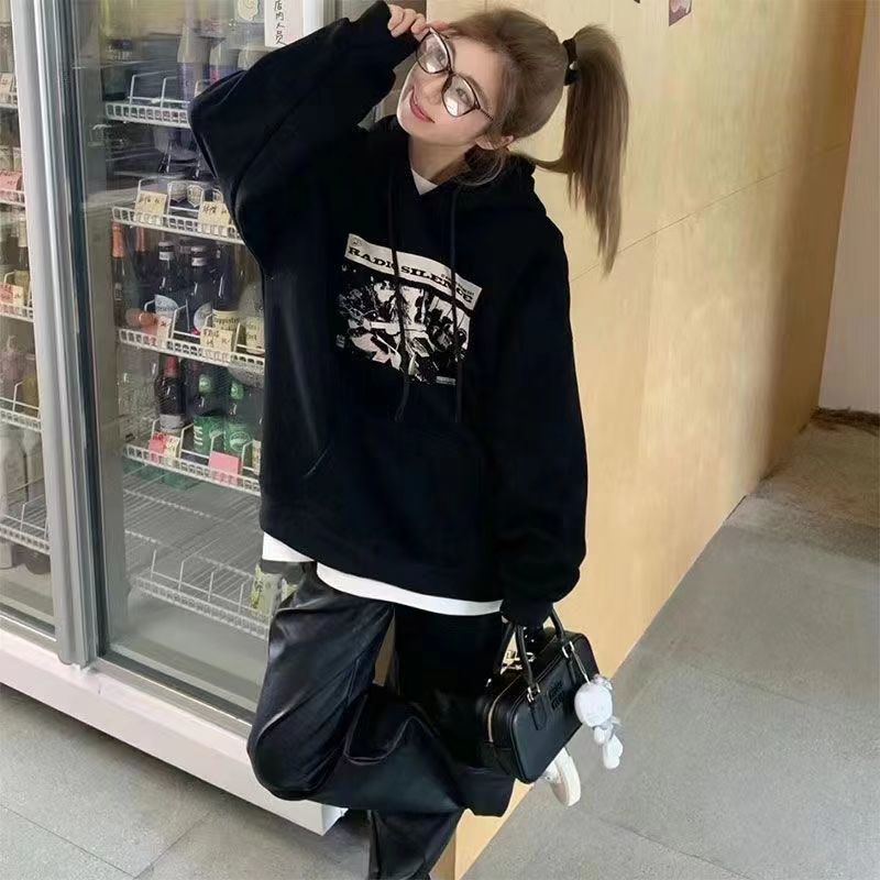 美式复古连帽卫衣女春秋薄款高街潮牌外套宽松oversize黑色情侣装