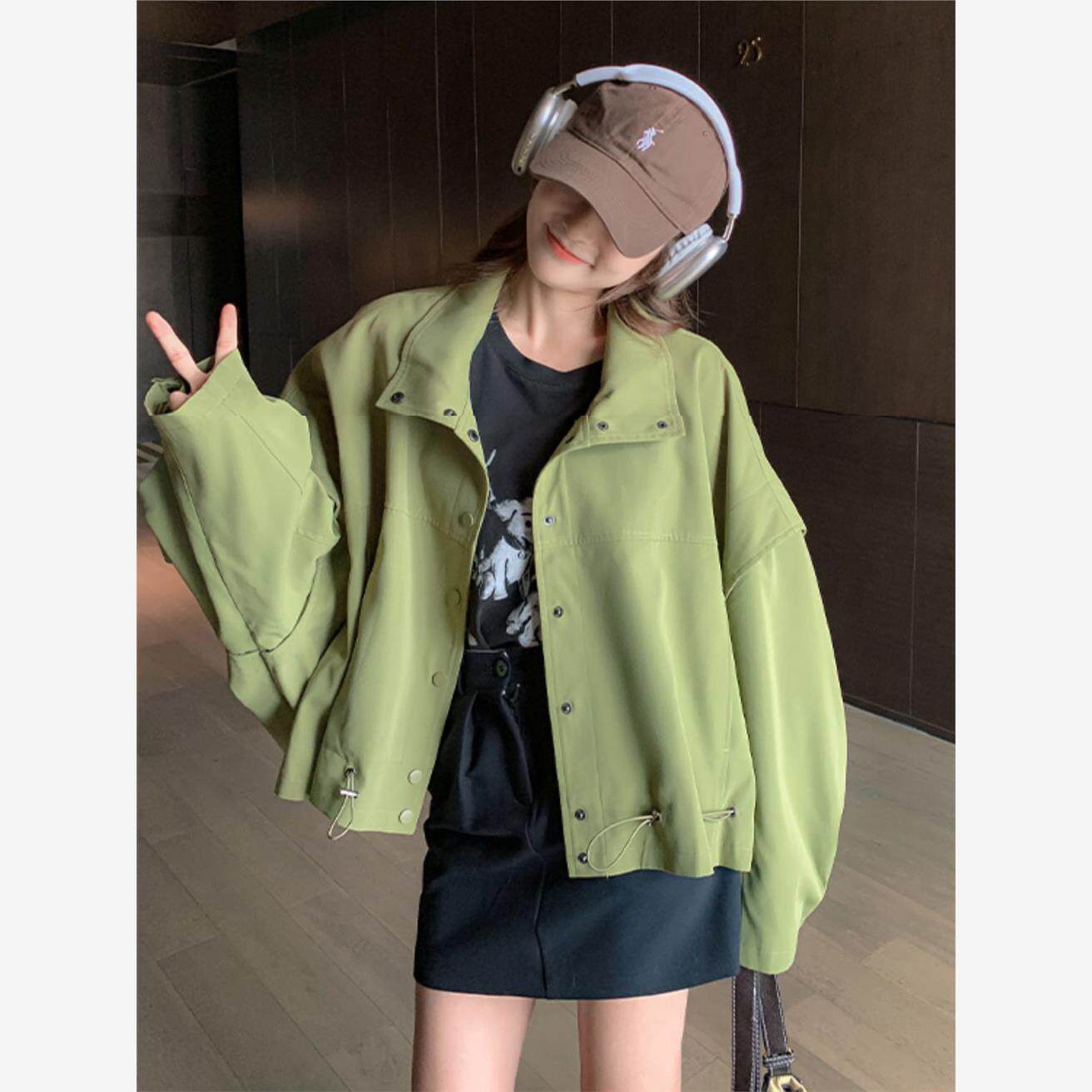 绿色外套女2024春秋新款小个子韩系小众别致设计感立领夹克上衣女