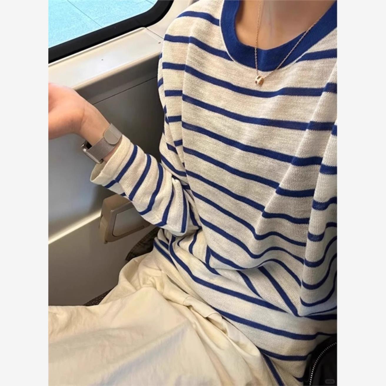 韩系慵懒风条纹长袖T恤女夏季宽松冰丝透气薄款外搭防晒罩衫上衣